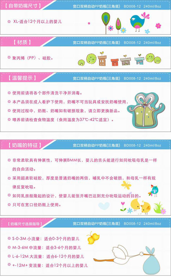 宝德三角底PP奶瓶240ml蓝