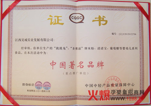 烈祝贺吴城实业发展公司荣获中国著名品牌-