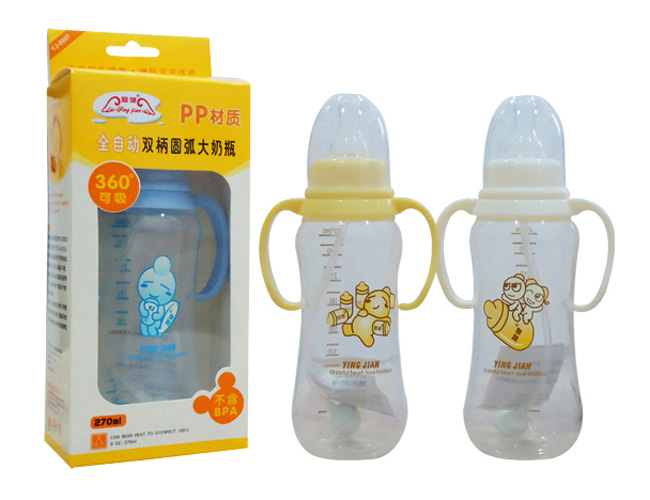 婴健PP9安自动双柄大圆弧奶瓶