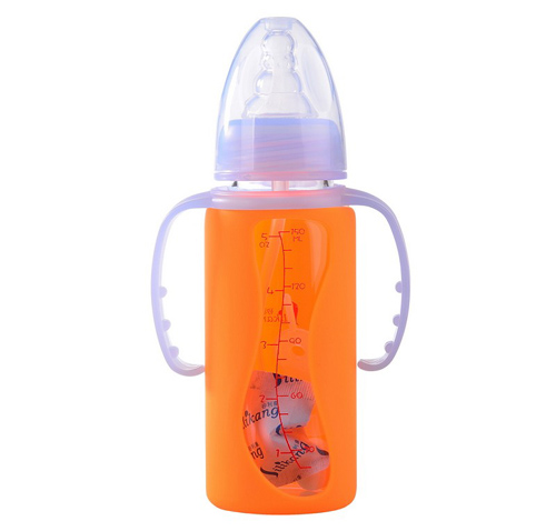 矽利康有手柄標口玻璃奶瓶150ml