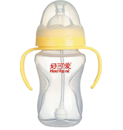 好可愛(ài)寬口自動(dòng)吸管手柄弧形奶瓶260ml