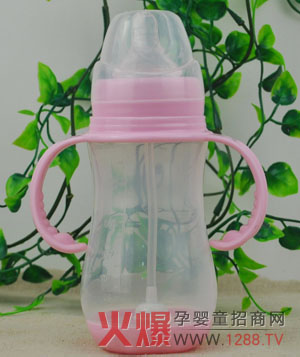 帝色福娃粉色带吸管PP奶瓶升级设计缔造皇家