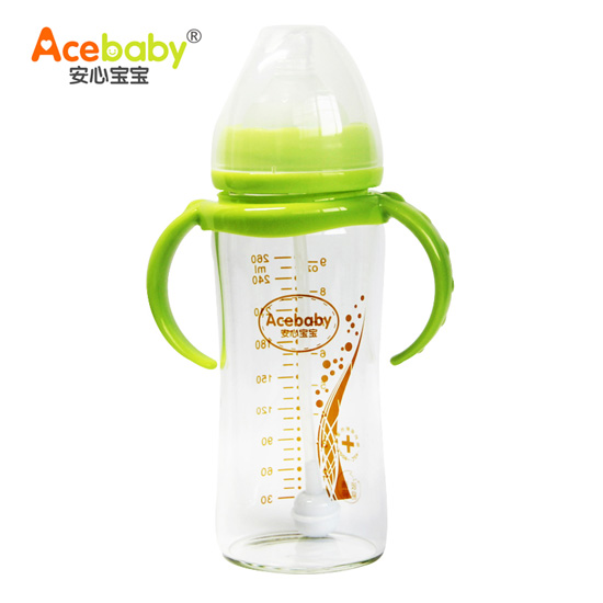 安心宝宝260ml宽口径双耳自动高硼硅玻璃奶瓶绿色带盖