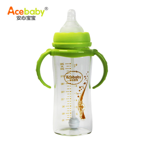 安心宝宝260ml宽口径双耳自动高硼硅玻璃奶瓶绿色