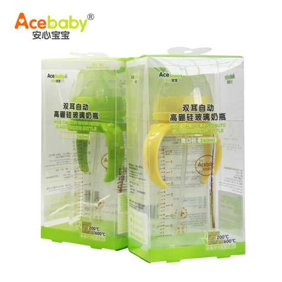 安心宝宝260ml宽口径双耳自动高硼硅玻璃奶瓶黄色绿色盒装