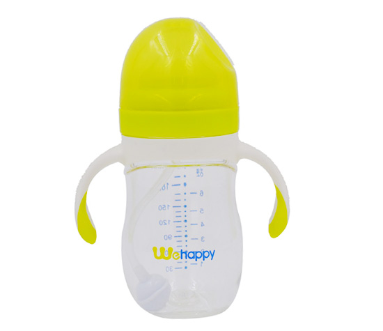 220ML超宽口径安抚型硅胶奶瓶绿色带把