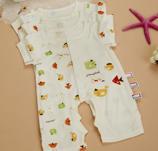 金色小鱼芦荟纤维单面小鱼短袖开档哈衣