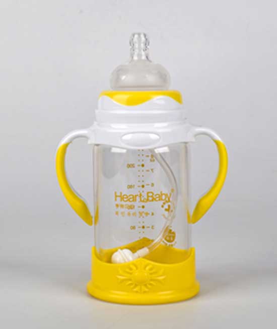 亨特贝贝玻璃防摔奶瓶240ml黄色带手柄