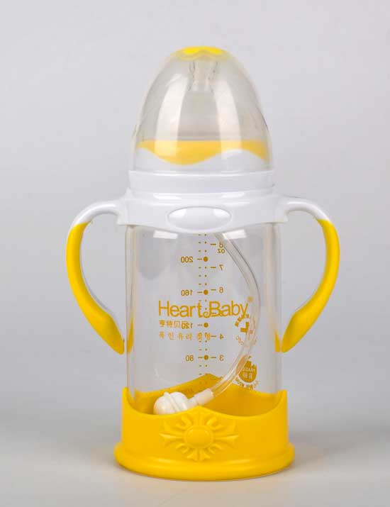 亨特贝贝玻璃防摔奶瓶240ml黄色带盖带手柄