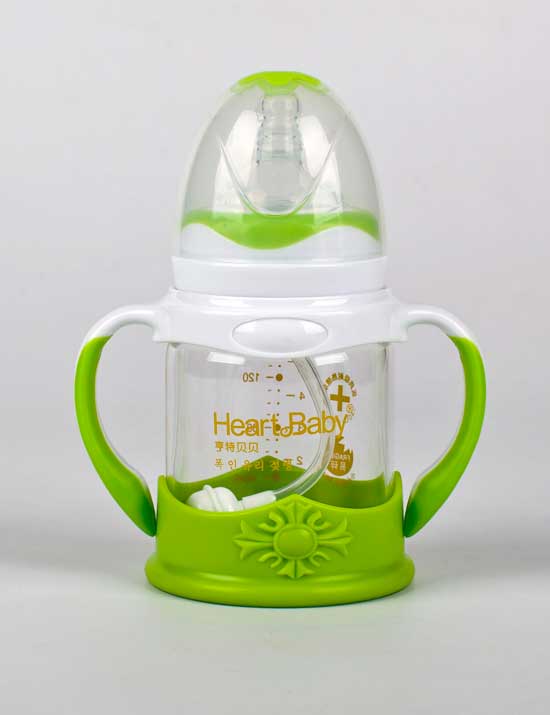 亨特贝贝玻璃防摔奶瓶140ml绿色带手柄
