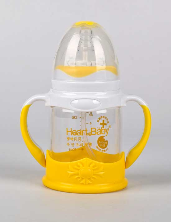 亨特贝贝玻璃防摔奶瓶140ml黄色带手柄