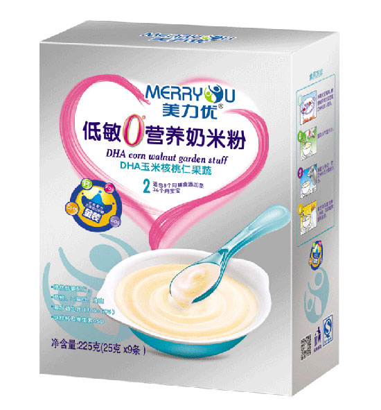  美力優(yōu)DHA玉米核桃仁果蔬低敏0°營(yíng)養奶米粉2段