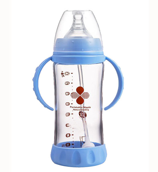 Happy100防胀气带手柄宽口径奶瓶蓝色