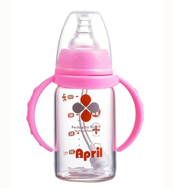 Happy100宽口玻璃奶瓶粉色