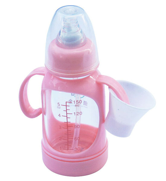 Happy100奶瓶带手柄防摔玻璃奶瓶粉色