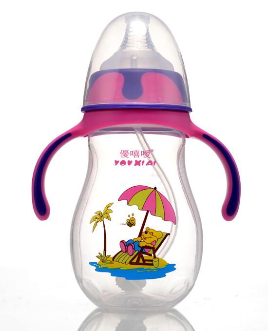 優嘻嗳炫彩PP宽口自动奶瓶300ml紫红色