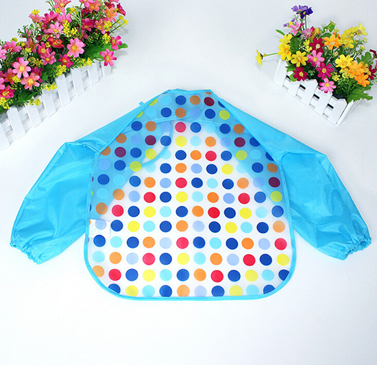 婴儿EVA免洗吃饭衣围兜围嘴长袖蓝圆点