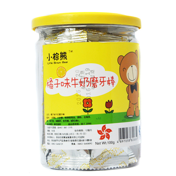  小棕熊桔子味牛奶磨牙棒100g正面