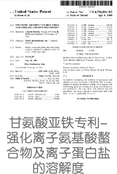  甘氨酸亚铁专利- 强化离子氨基酸螯 合物及离子蛋白盐 的溶解度