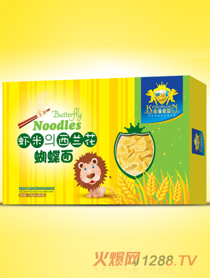 金盾愛(ài)嬰蝦米西蘭花蝴蝶面-蛋黃胡蘿卜核桃黑芝麻五谷雜糧直面盒裝200g
