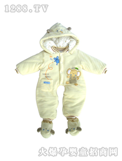 安婴宝罗纹领连帽开档哈衣