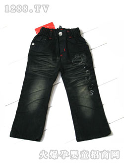 棉童女童米奇头绣图牛仔裤