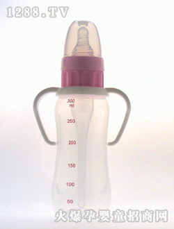 实感带柄防呛PP奶瓶300mL红刻度