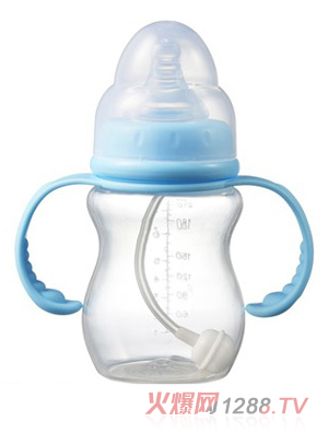 宝德宽口弧形双柄自动PP奶瓶蓝