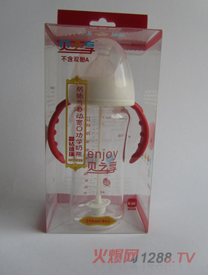 贝之享250ml晶钻玻璃自动魔术防胀气宽口奶瓶红色
