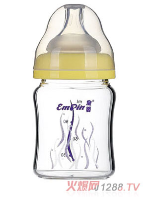 皇婴宽口晶钻玻璃小奶瓶120ml黄色