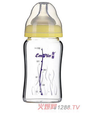 皇婴宽口晶钻玻璃大奶瓶200ml黄色