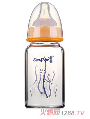 皇婴宽口晶钻玻璃小奶瓶120ml橘黄色