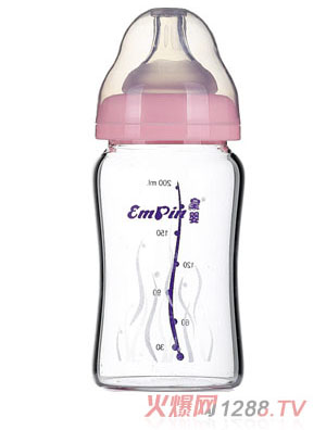 皇婴宽口晶钻玻璃大奶瓶200ml粉色