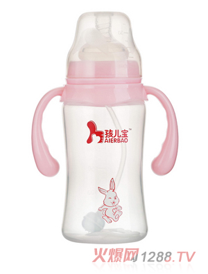 孩儿宝粉色宽口圆弧自动PP奶瓶300ml