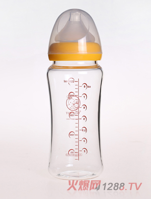 淘气兔宽口径无手柄玻璃奶瓶239ml黄色