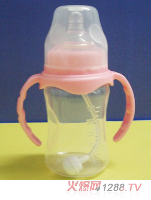 婴儿宽口粉色带吸管PP奶瓶