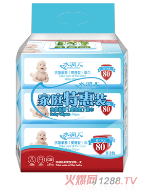 水潤兒抗菌柔滑（爽身型）濕巾80片帶蓋3連包