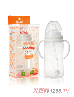 可儿KR-1028 宽口手把吸管PP奶瓶300ml