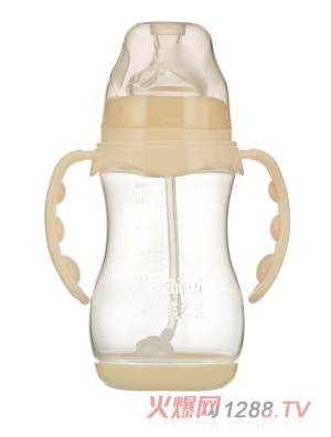 婴之美宽口双耳自动圆弧PP奶瓶带底300ML乳白色