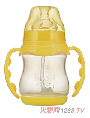 婴之美宽口双耳自动圆弧PP奶瓶带底180ML黄色