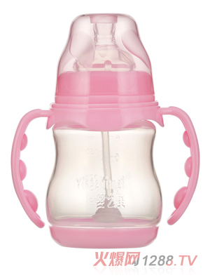 婴之美宽口双耳自动圆弧PP奶瓶带底180ML粉色