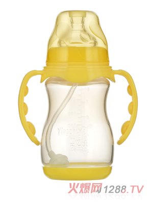 婴之美宽口双耳自动圆弧PP奶瓶带底240ML黄色