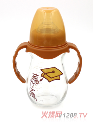 博士小帽玻璃有柄自然亲子宽口径奶瓶240ml橙色