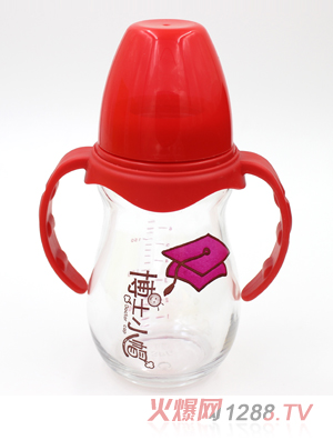 博士小帽玻璃有柄自然亲子宽口径奶瓶240ml红色