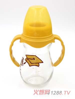 博士小帽玻璃有柄自然亲子宽口径奶瓶240ml黄色