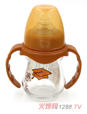 博士小帽玻璃有柄自然亲子宽口径奶瓶150ml橙色