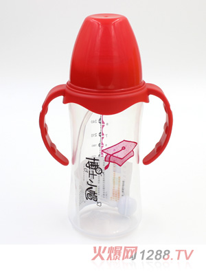 博士小帽PP有柄自然亲子宽口自动奶瓶300ml红色