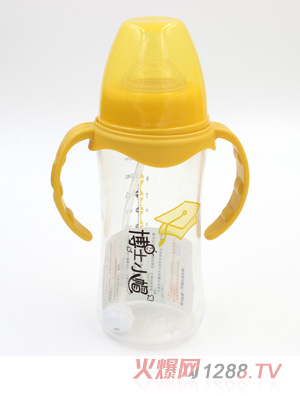 博士小帽PP有柄自然亲子宽口自动奶瓶300ml黄色