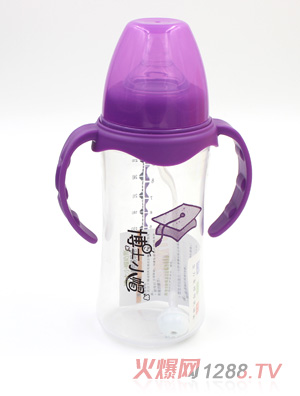 博士小帽PP有柄自然亲子宽口自动奶瓶300ml紫色