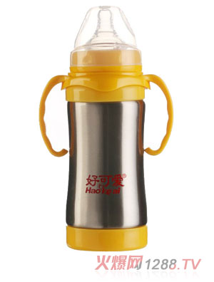 好可爱宽口自动吸管弧形不锈钢奶瓶200ML